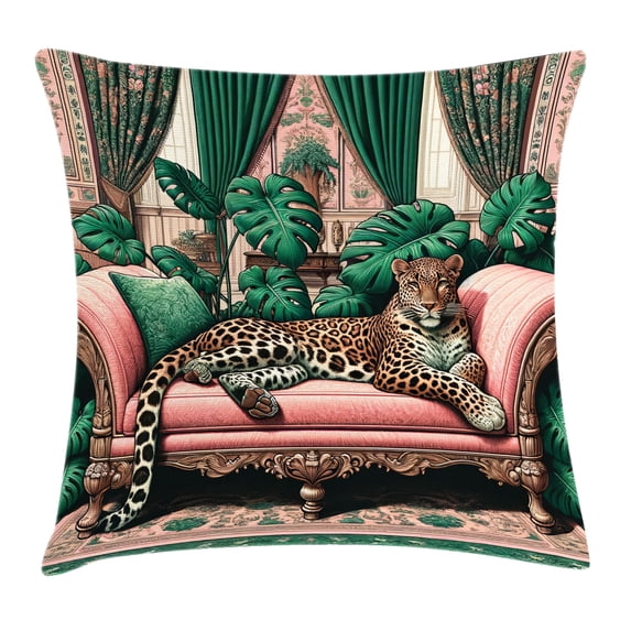 Ambesonne Leopard Throw Pillow Cushion Cover, Monsteras Wild Cat Lounge, 20" X 20", Pink and Jade Green