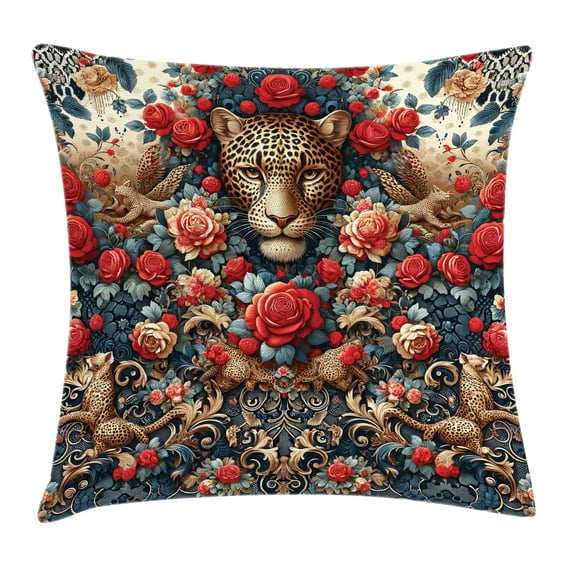 Ambesonne Leopard Throw Pillow Cushion Cover, Rich Rococo Style Roses, 20" X 20", Dark Coral Caramel and Blue