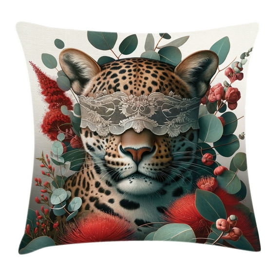 Ambesonne Leopard Throw Pillow Cushion Cover, Savage Cat Lace Eucalyptus, 20" X 20", Laurel Green Vermilion