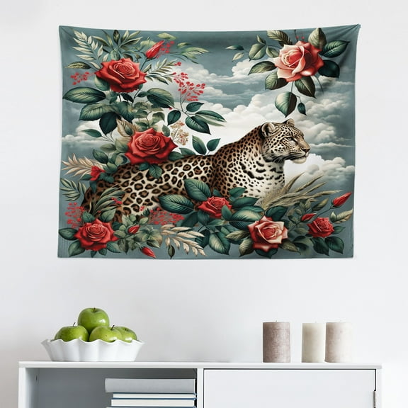 Ambesonne Leopard Wall Hanging Tapestry, Roses Wild Animal on Clouds, 28"x23", Grey Teal and Scarlet