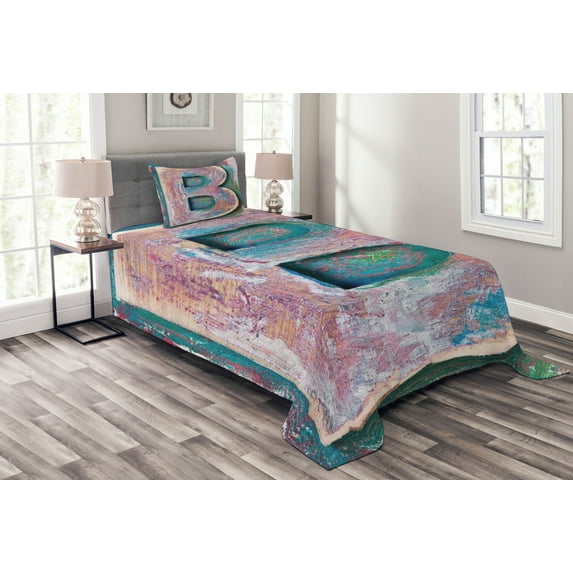 Ambesonne Letter B Quilted Bedspread Set 2 Pcs, ABC Print Method Old B, Twin Size, Teal Ivory Dark Coral