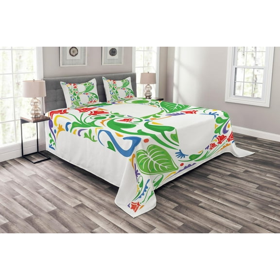 Ambesonne Letter B Quilted Bedspread Set 3 Pcs, Capital B Spring Herbs, Queen Size, Multicolor