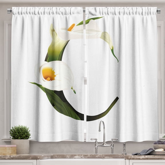 Ambesonne Letter C Kitchen Curtains, Calla Lilly Flower, 55"x39", Green Pale Orange Black