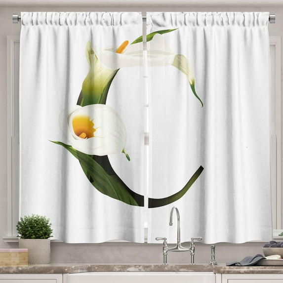 Ambesonne Letter C Kitchen Curtains, Calla Lilly Flower, 55"x39", Green Pale Orange Black