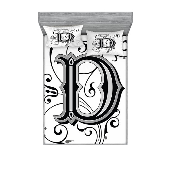 Ambesonne Letter D Fitted Sheet & Pillow Sham Set, D Medieval Art, Queen, Black Grey White