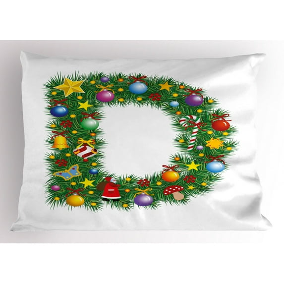 Ambesonne Letter D Pillow Sham, Happy Christmas Pine, 36" X 20", Multicolor