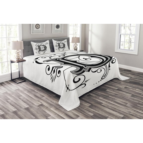 Ambesonne Letter D Quilted Bedspread Set 3 Pcs, D Medieval Art, King Size, Black Grey White