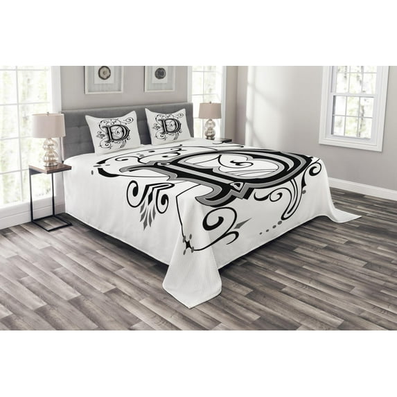 Ambesonne Letter D Quilted Bedspread Set 3 Pcs, D Medieval Art, Queen Size, Black Grey White