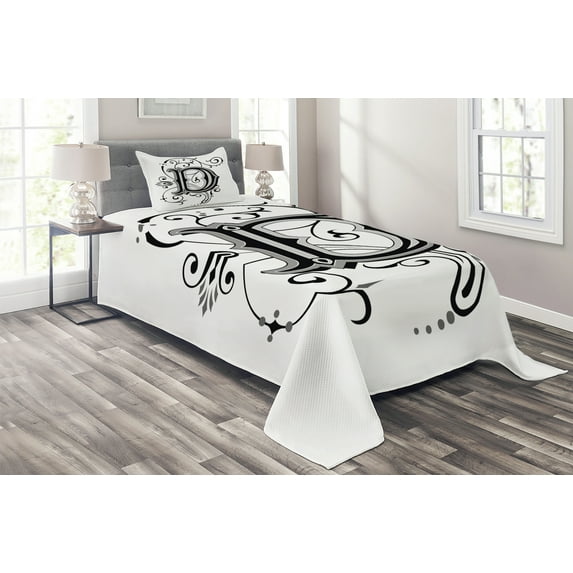 Ambesonne Letter D Quilted Coverlet 2 Pcs, D Medieval Art, Twin Size, Black Grey White