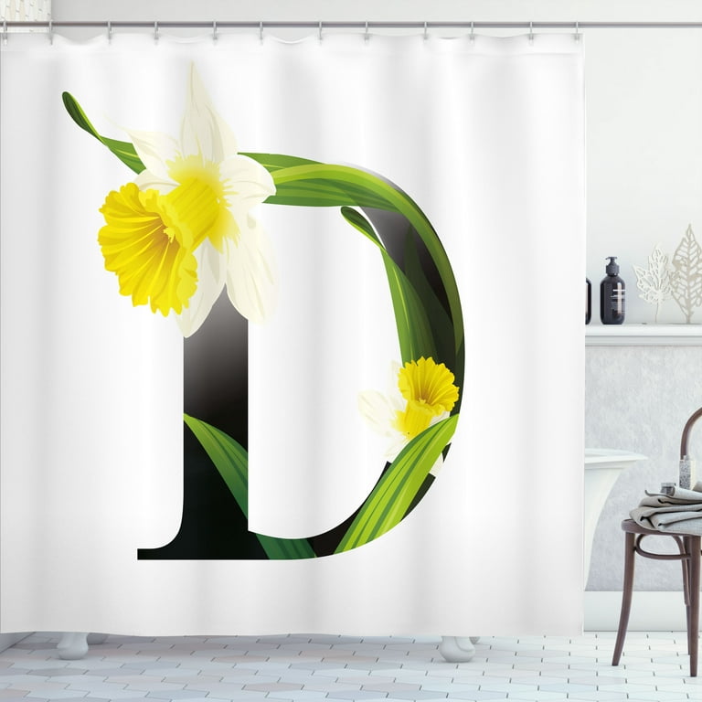 Ambesonne Letter D Shower Curtain, D Silhouette Daffodils, 69Wx75L,  Yellow Green Black