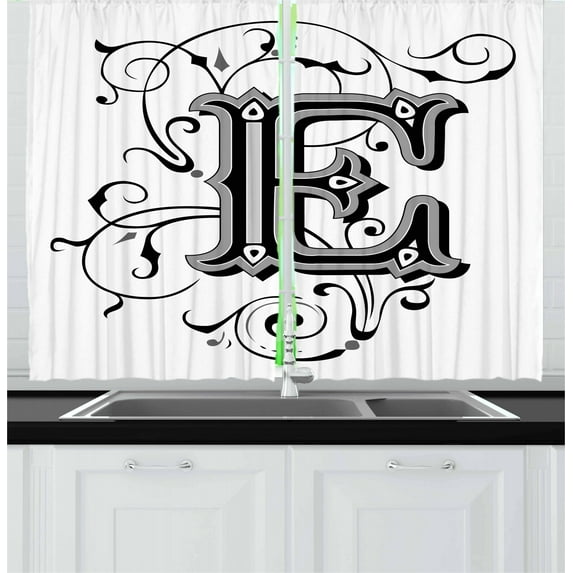 Ambesonne Letter E Kitchen Curtains, Capitaized Sign Swirls, 55"x39", Black Grey White