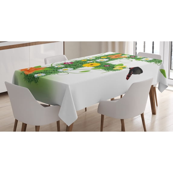 Ambesonne Letter F Tablecloth Rectangular Table Cover, Animals and Flowers F, 52"x70", Green Multicolor