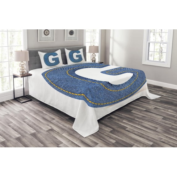 Ambesonne Letter G Quilted Bedspread Set 3 Pcs, Modern Denim Cloth, Queen Size, Blue Yellow