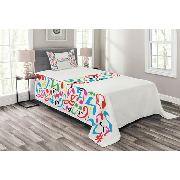 Ambesonne Letter H Quilted Bedspread Set 2 Pcs, Capital Musical Happy, Twin Size, Multicolor
