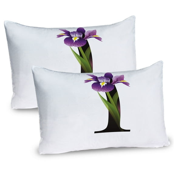 Ambesonne Letter I Pillow Sham 2 Pack, Iris Flowers Capital I, 26"x20", Violet Green Black
