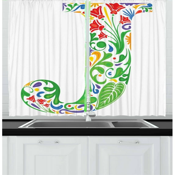 Ambesonne Letter J Kitchen Curtains, Initials Tropic Flower, 55"x39", Multicolor