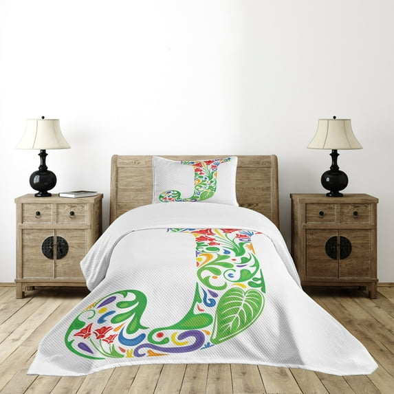 Ambesonne Letter J Quilted Bedspread Set 2 Pcs, Initials Tropic Flower, Twin Size, Multicolor