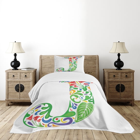 Ambesonne Letter J Quilted Bedspread Set 2 Pcs, Initials Tropic Flower, Twin Size, Multicolor