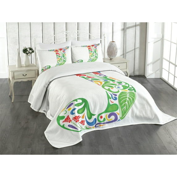 Ambesonne Letter J Quilted Bedspread Set 3 Pcs, Initials Tropic Flower, Queen Size, Multicolor