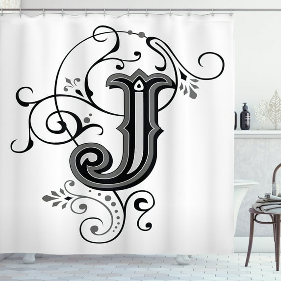 Ambesonne Letter J Shower Curtain, Noble Royal Initials J, 69"Wx84"L, Black Grey White