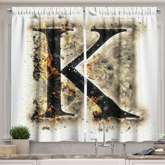 Ambesonne Letter K Kitchen Curtains, Smoked Letter K ABC, 55"x39", Tan Black Orange