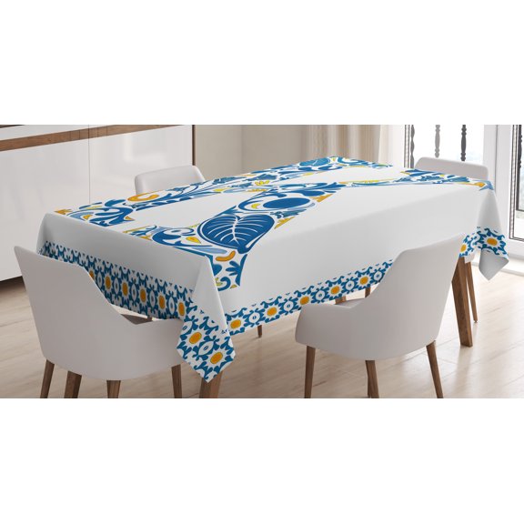 Ambesonne Letter K Tablecloth Rectangular Table Cover, Leaves Blooms Initial, 60"x84", Blue Yellow Orange