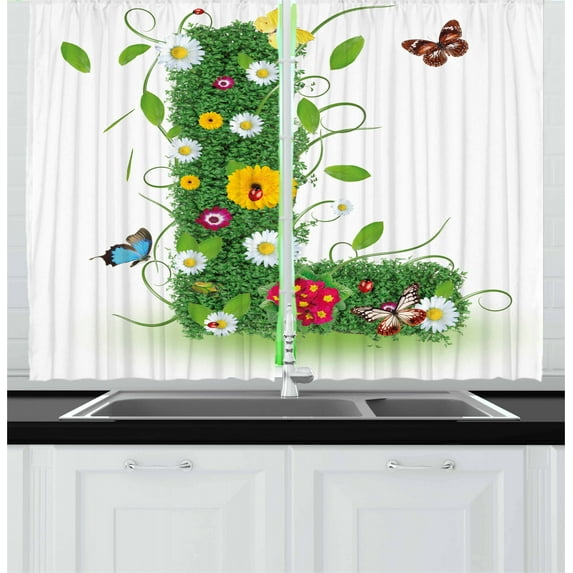 Ambesonne Letter L Kitchen Curtains, Flower Themed Image L, 55"x39", Green Multicolor