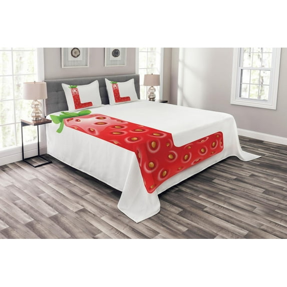 Ambesonne Letter L Quilted Bedspread Set 3 Pcs, Ripe Strawberry Letter, King Size, Vermilion Green Orange