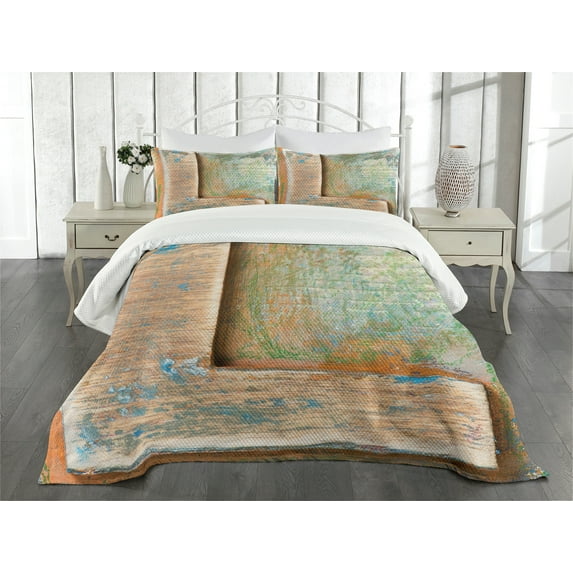 Ambesonne Letter L Quilted Bedspread Set 3 Pcs, Timeworn Typography L, Queen Size, Multicolor