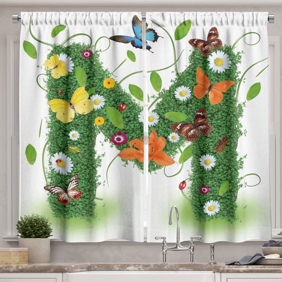 Ambesonne Letter M Kitchen Curtains, Flower and Butterfly M, 55"x39", Green Multicolor
