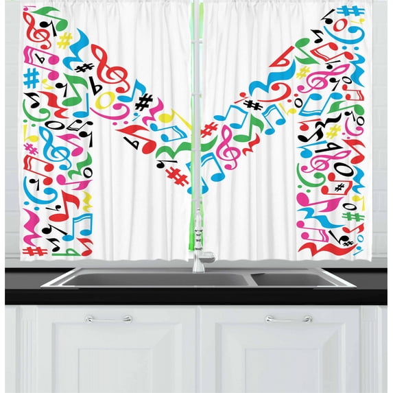 Ambesonne Letter M Kitchen Curtains, Notes Music Capital M, 55"x39", Multicolor