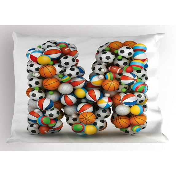 Ambesonne Letter M Pillow Sham, Alphabet Sports Balls, 26" X 20", Multicolor