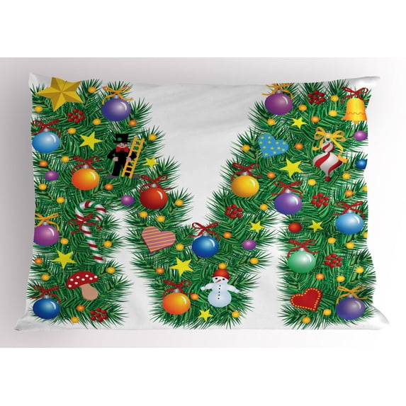 Ambesonne Letter M Pillow Sham, Xmas Ornaments Character, 26" X 20", Multicolor