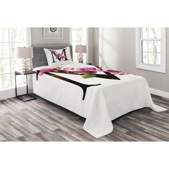 Ambesonne Letter M Quilted Bedspread Set 2 Pcs, M with Magnolia Floral, Twin Size, Pink Green Black