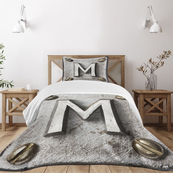 Ambesonne Letter M Quilted Bedspread Set 2 Pcs, Steel Typeset Grunge, Twin Size, Pale Grey Sepia
