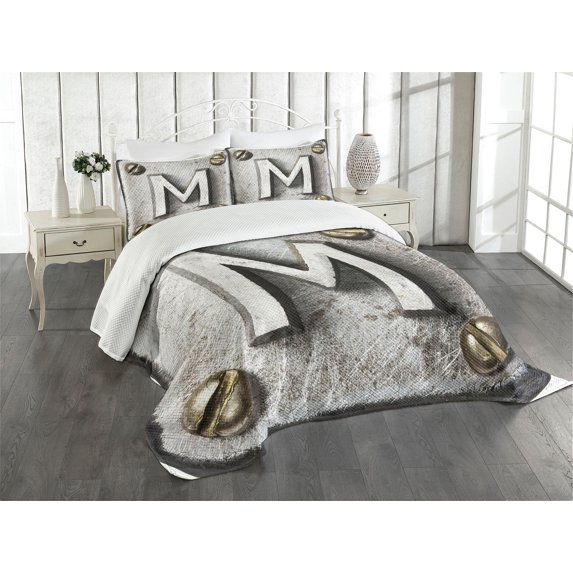 Ambesonne Letter M Quilted Bedspread Set 3 Pcs, Steel Typeset Grunge, Queen Size, Pale Grey Sepia