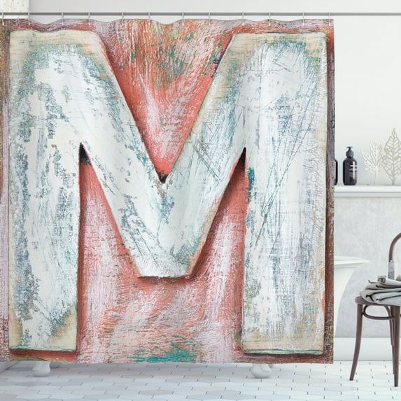 Ambesonne Letter M Shower Curtain, Old Wood Patterned M, 69"Wx75"L, Coral White Cream