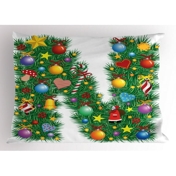 Ambesonne Letter N Pillow Sham, Capital N Pine Leaves, 36" X 20", Multicolor