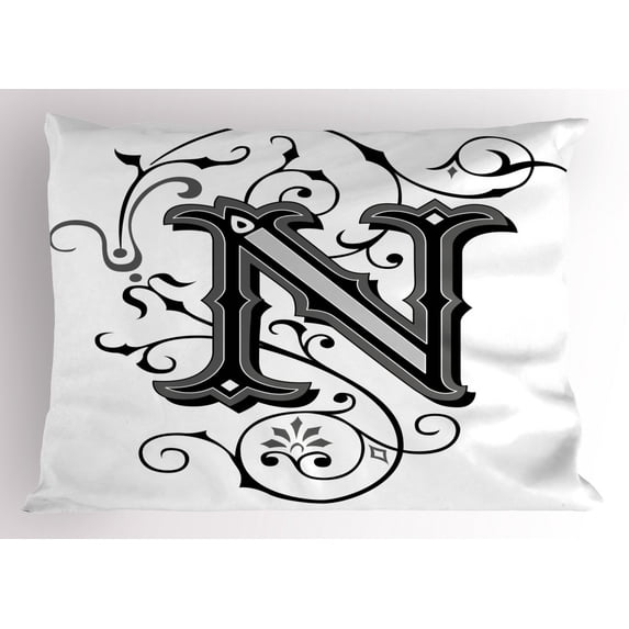 Ambesonne Letter N Pillow Sham, Dark Color Palette N, 26" X 20", Black Grey White