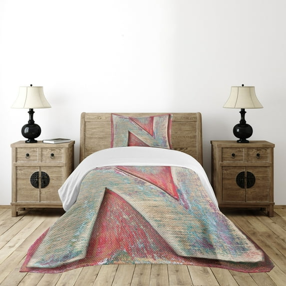 Ambesonne Letter N Quilted Bedspread Set 2 Pcs, Sketch Colorful N Art, Twin Size, Dark Coral Ivory Seafoam