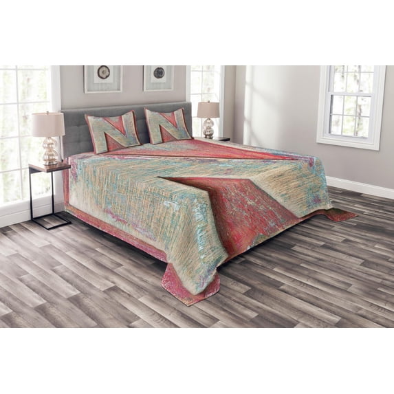 Ambesonne Letter N Quilted Bedspread Set 3 Pcs, Sketch Colorful N Art, King Size, Dark Coral Ivory Seafoam