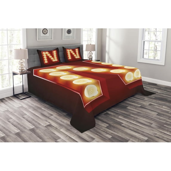 Ambesonne Letter N Quilted Bedspread Set 3 Pcs, Vintage Movie Theater, King Size, Vermilion Yellow Black