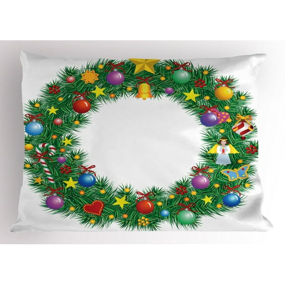 Ambesonne Letter O Pillow Sham, Letter O Xmas Wreath, 26" X 20", Multicolor