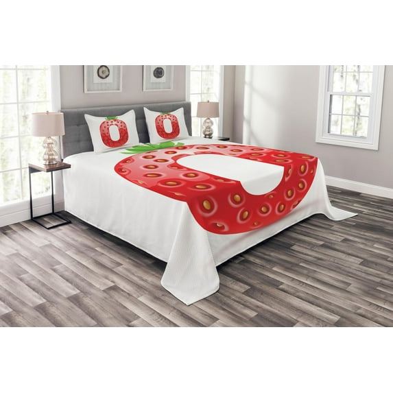 Ambesonne Letter O Quilted Bedspread Set 3 Pcs, Vibrant Fruit Capital, King Size, Vermilion Green Orange