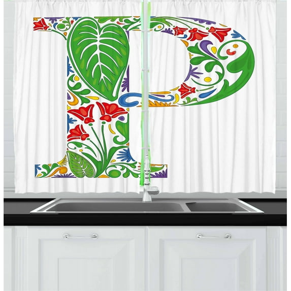 Ambesonne Letter P Kitchen Curtains, Abstract Color Palette, 55"x39", Multicolor