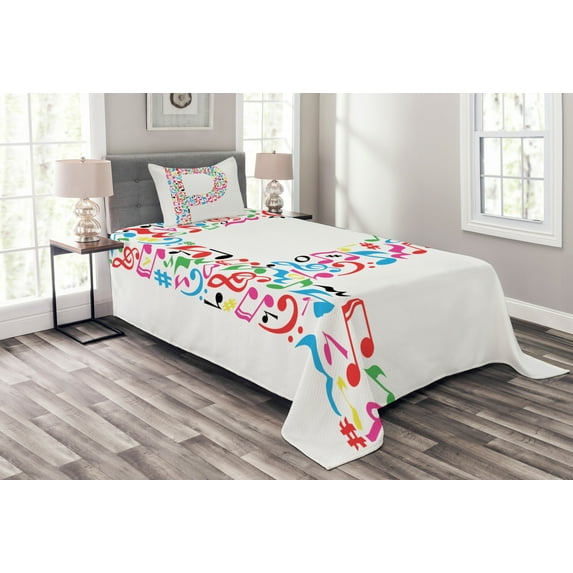 Ambesonne Letter P Quilted Bedspread Set 2 Pcs, Music Notes Uppercase, Twin Size, Multicolor