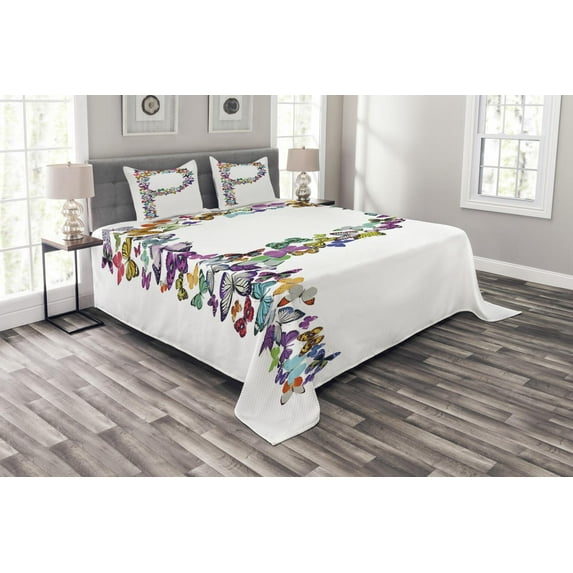 Ambesonne Letter P Quilted Bedspread Set 3 Pcs, Animal World Alphabet, Queen Size, Multicolor