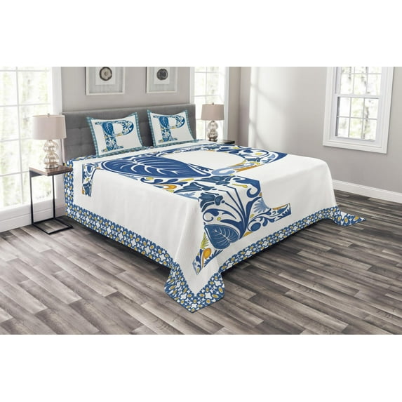Ambesonne Letter P Quilted Bedspread Set 3 Pcs, P and Forest Leaves, King Size, Blue Yellow Orange