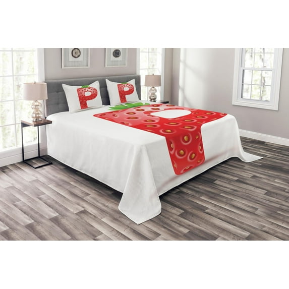 Ambesonne Letter P Quilted Bedspread Set 3 Pcs, Strawberry Alphabet Fruit, Queen Size, Vermilion Orange Green