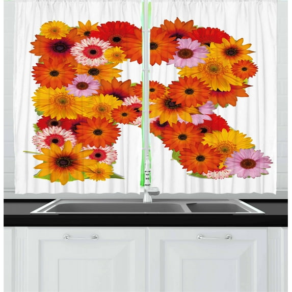 Ambesonne Letter R Kitchen Curtains, Gerbera Daisies Style, 55"x39", Multicolor